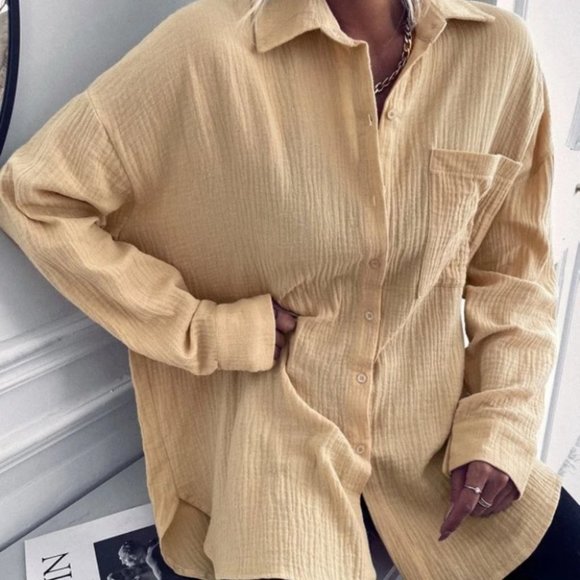 Textured Pocket Patched button down Blouse - khaki - Picture 3 of 7